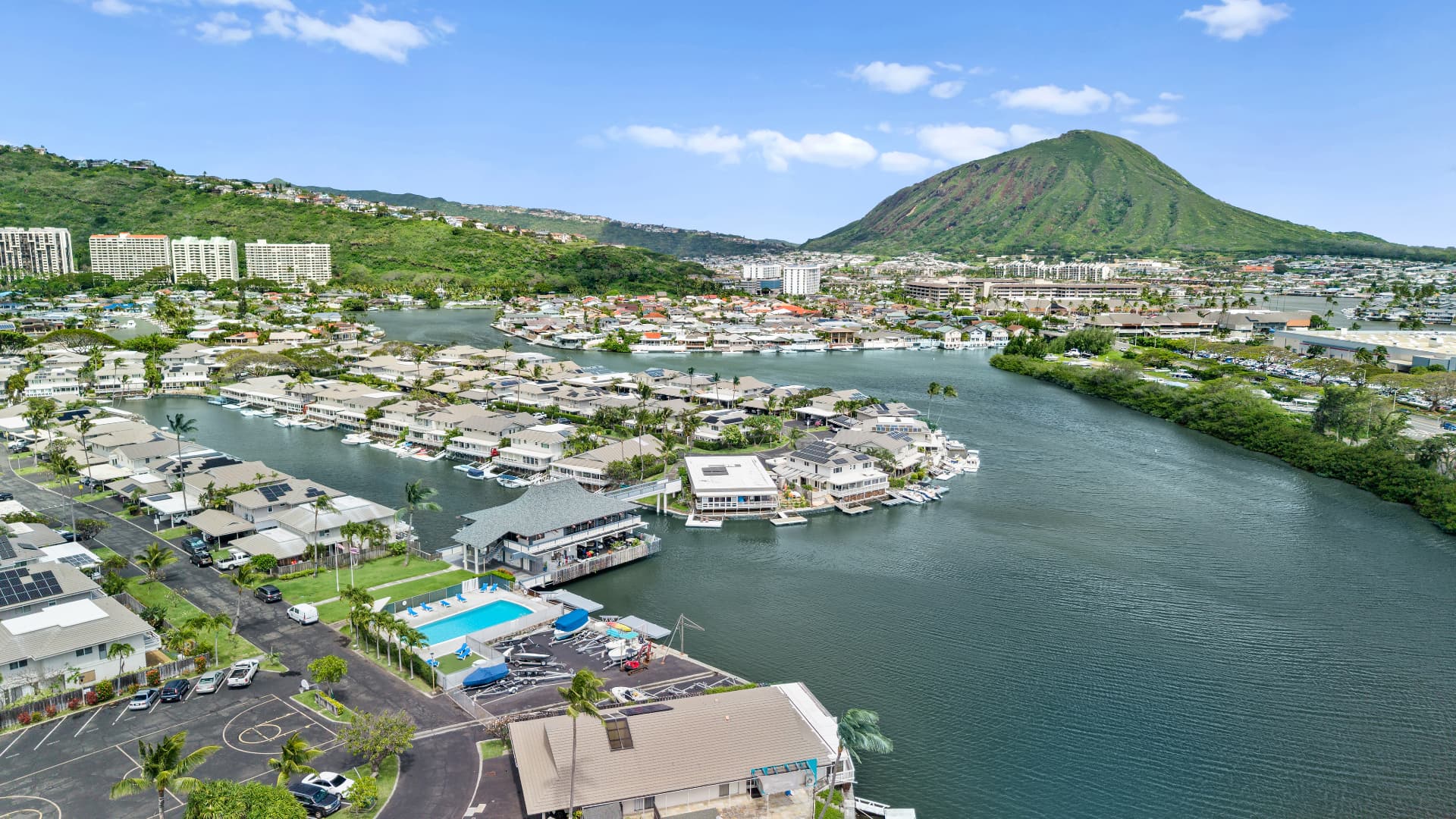 Aerial view of Hawaiʻi Kai Marina with Koko Head in the distance