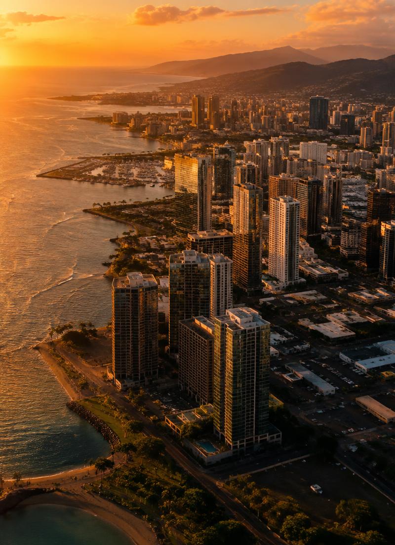 Kakaʻako and Honolulu skyline at sunset