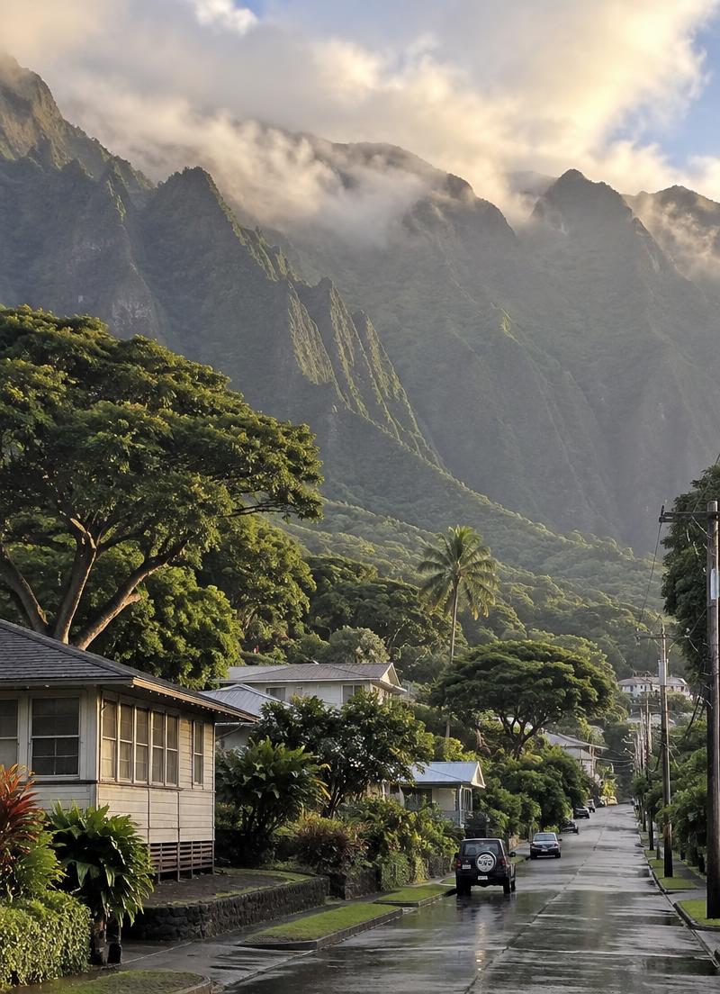 Tree-lined Nuʻuanu street in warm afternoon light