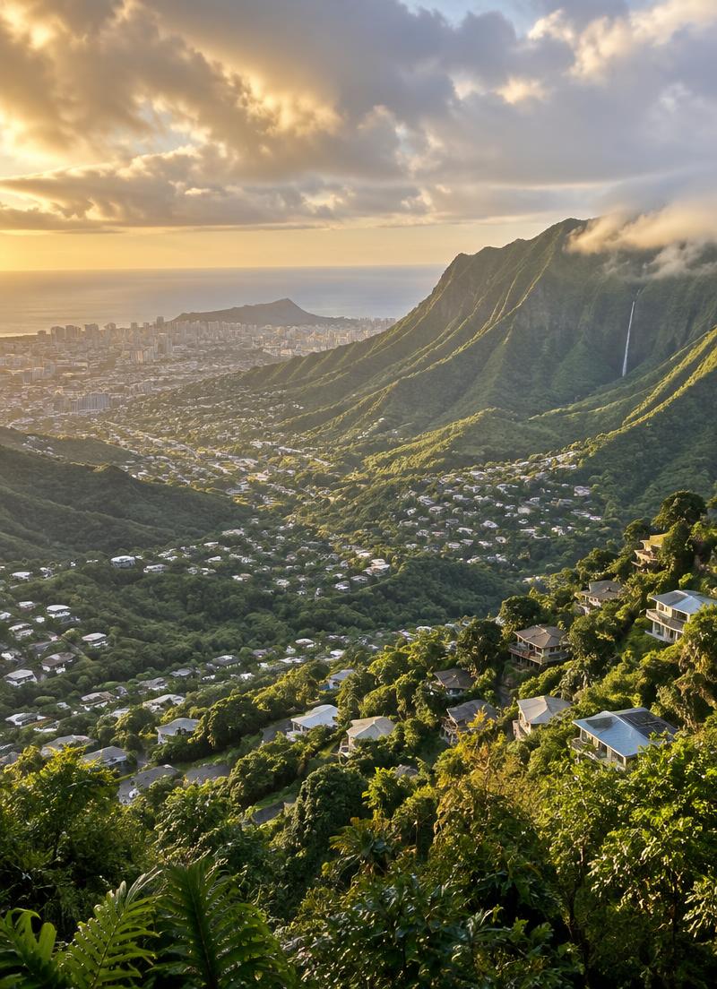 Green valley homes in Mānoa at golden hour