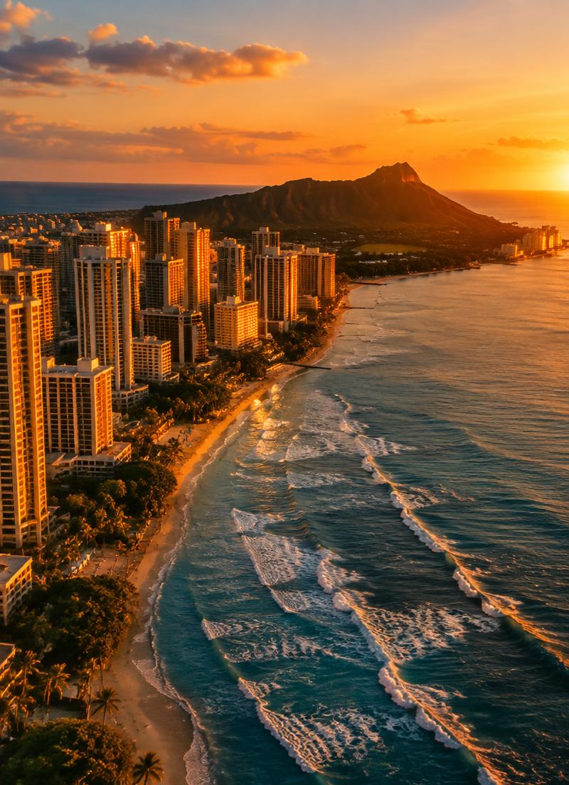 Waikīkī shoreline with Diamond Head at sunset